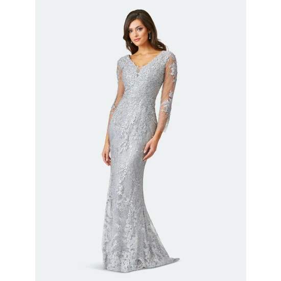 Lara 29473 - Long Sleeve Lace Mermaid Gown Dresses Slate Stone