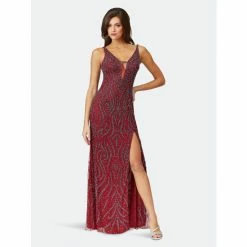 Lara 29374 - Beaded Tank Dress With Slit Dresses Wine