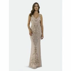 Lara 29539 - Rose Gold Beaded V Neck Dress Dresses Blush