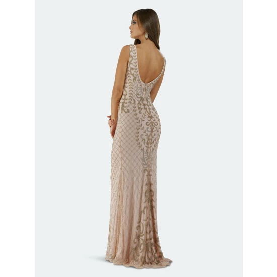 Lara 29539 - Rose Gold Beaded V Neck Dress Dresses Blush - Image 2