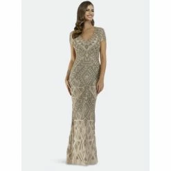 Lara 29604 - Cap Sleeve V Neck Gown Dresses Nude