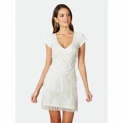 Lara 51053 - Beaded Fringe Cocktail Dress With Keyhole Back Dresses White