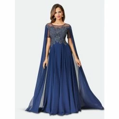 Lara Embellished Chiffon Gown With Flowing Cape Sleeves - Navy Dresses