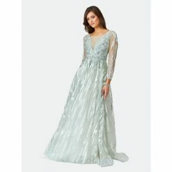 Lara 29472 - Long Sleeve Lace Ballgown With Illusion V-Neck Dresses Sage