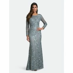 Lara 29924 Long Sleeve Lace Dress With Lace Appliques Dresses Grey