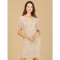 Lara Beaded Short Dress With Cape Sleeves Dresses Buff Pearl