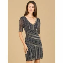 Lara Short Sleeve Beaded Cocktail Dress Dresses Navy