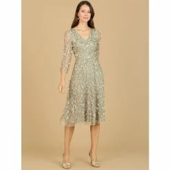 Lara Flowing, 3D Embroidered Midi Dress With Sleeves Dresses Olive