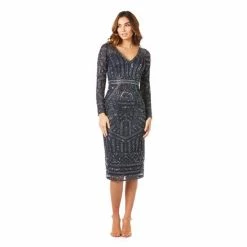 Lara Long Sleeve Midi Dress With V-Neckline - Navy Dresses