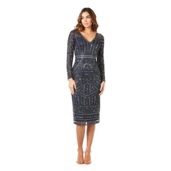 Lara Long Sleeve Midi Dress With V-Neckline - Navy Dresses