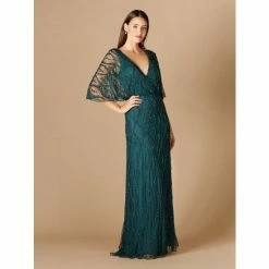Lara Illusion Cape Sleeve Beaded Gown Dresses Teal