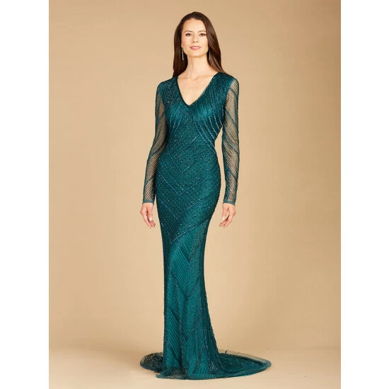 Lara Long Sleeve Beaded Dress With Sheer Sleeves Dresses Teal