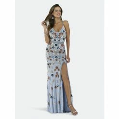 Lara 29487 - Thigh High Slit, Open Back Dress Dresses Blue/multi