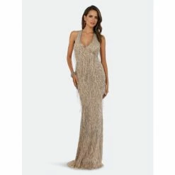 Lara 29599 - Halter Neck Fringe Dress Dresses Nude/silver