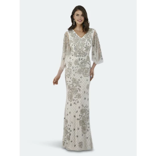 Lara 51020 - Sequin Cape Sleeve White Gown Dresses