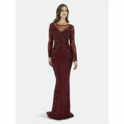 Lara 29603 - Wine Sheer V Neck Long Sleeve Dress Dresses