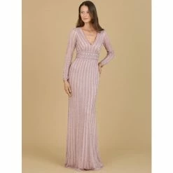 Lara Long Sleeve V-Neck Beaded Gown Dresses Dusty Rose
