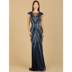 Lara Beaded Fringe V-Neckline Dress With Cap Sleeves Dresses Navy