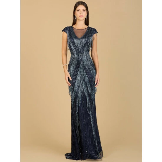 Lara Beaded Fringe V-Neckline Dress With Cap Sleeves Dresses Navy