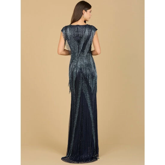 Lara Beaded Fringe V-Neckline Dress With Cap Sleeves Dresses Navy - Image 2
