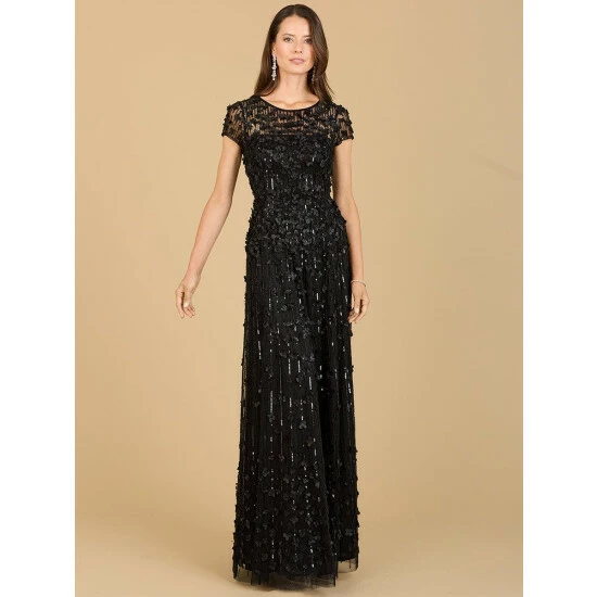 Lara 3D Floral Embellished Cap Sleeve Gown Dresses Black