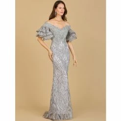 Lara Off Shoulder Mermaid Beaded Gown With Tiered Sleeves Dresses Rose Gold