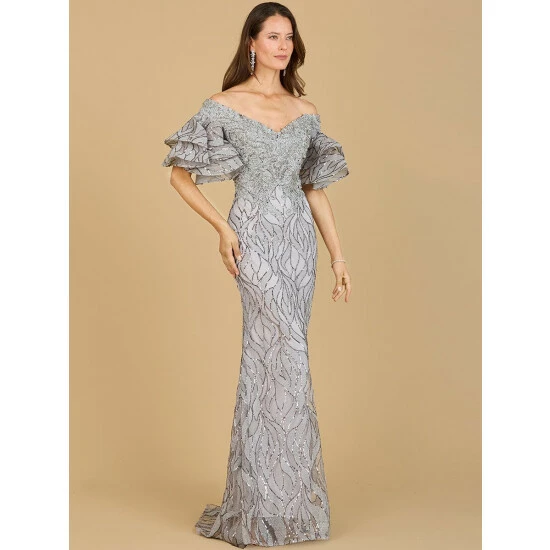 Lara Off Shoulder Mermaid Beaded Gown With Tiered Sleeves Dresses Rose Gold