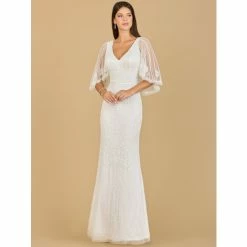 Lara Cape Sleeve V-Neck Beaded Gown - Ivory Dresses