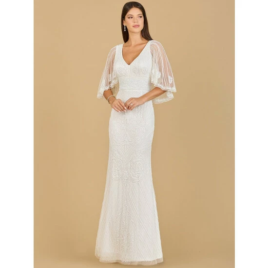 Lara Cape Sleeve V-Neck Beaded Gown - Ivory Dresses