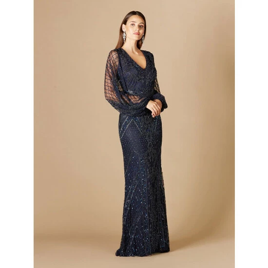 Lara Long Flutter Sleeves Beaded Dress Dresses Navy