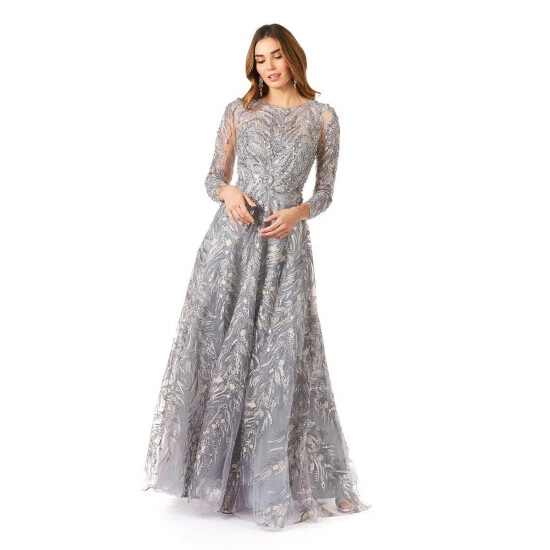 Lara 29353 - High Neck, Long Sleeve Ball Gown Dresses Steel Blue