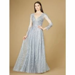 Lara 29206 - Long Sheer Sleeve V-Neckline Sheath Gown Dresses Light Blue