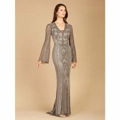 Lara 29213 - Long Bell Sleeve V-Neck Beaded Gown Dresses Grey