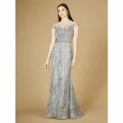 Lara Cap Sleeve, Mermaid Lace Gown With High Neck Dresses Grey