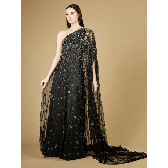 Lara One Shoulder Cape Sleeve Gown Dresses Black