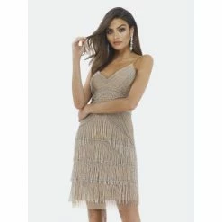 Lara 29721 - Short Beaded Fringe Dress Dresses Nude/silver