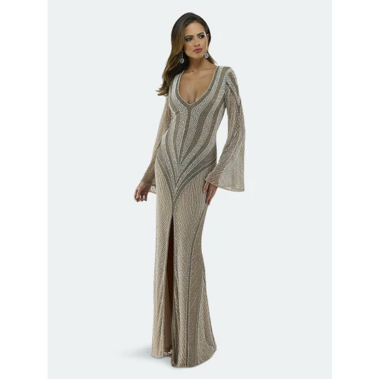 Lara 29525 - Bell Sleeves, Beaded Long Dress Dresses Nude/multi