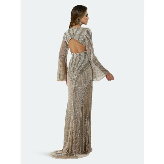 Lara 29525 - Bell Sleeves, Beaded Long Dress Dresses Nude/multi - Image 2