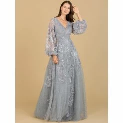 Lara V Neckline Balloon Sleeve Gown Dresses Dusk