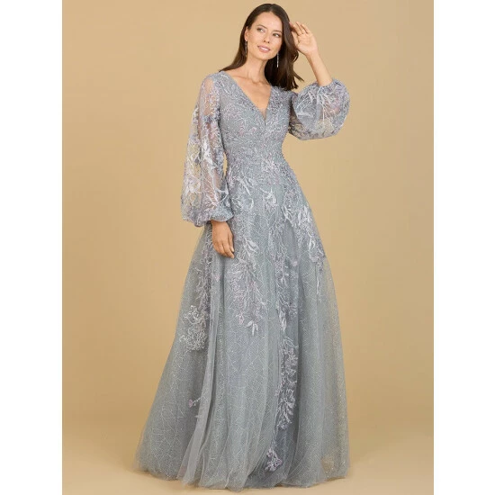 Lara V Neckline Balloon Sleeve Gown Dresses Dusk