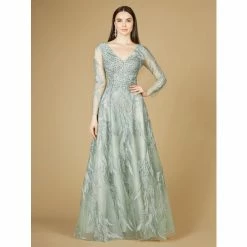 Lara 29209 - Long Sleeve Lace Ballgown With V-Neck Dresses Sage