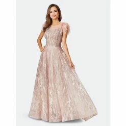 Lara 29475 - Lace Ballgown With Feather Cap Sleeves Dresses Blush