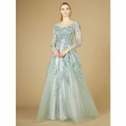 Lara High Neck Lace Gown With Sheer Sleeves Dresses Seafoam