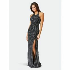 Lara 29371 - Halter Neck Beaded Gown With Slit Dresses Black