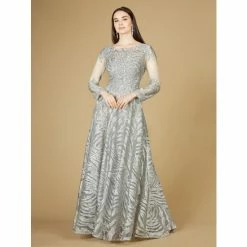 Lara 29231 - Lace Ball Gown With Long Sheer Sleeves And High Neck Dresses Slate